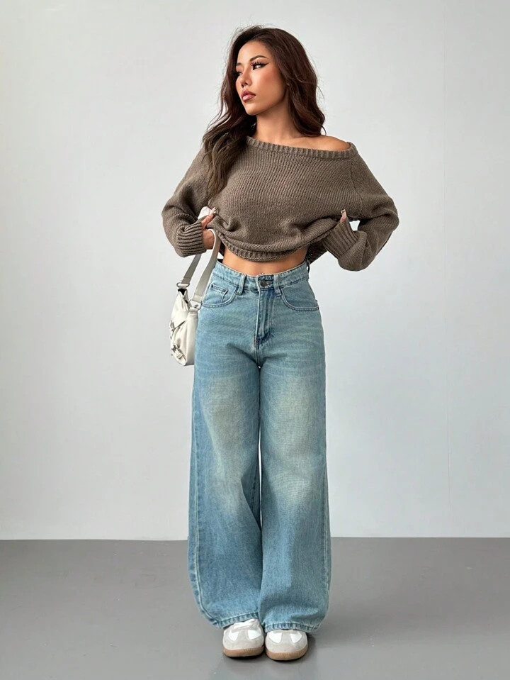 SHEIN PETITE Women Fall Solid Color Asymmetric Neck Raglan Sleeve Long Sleeve Loose Casual Sweate... | SHEIN