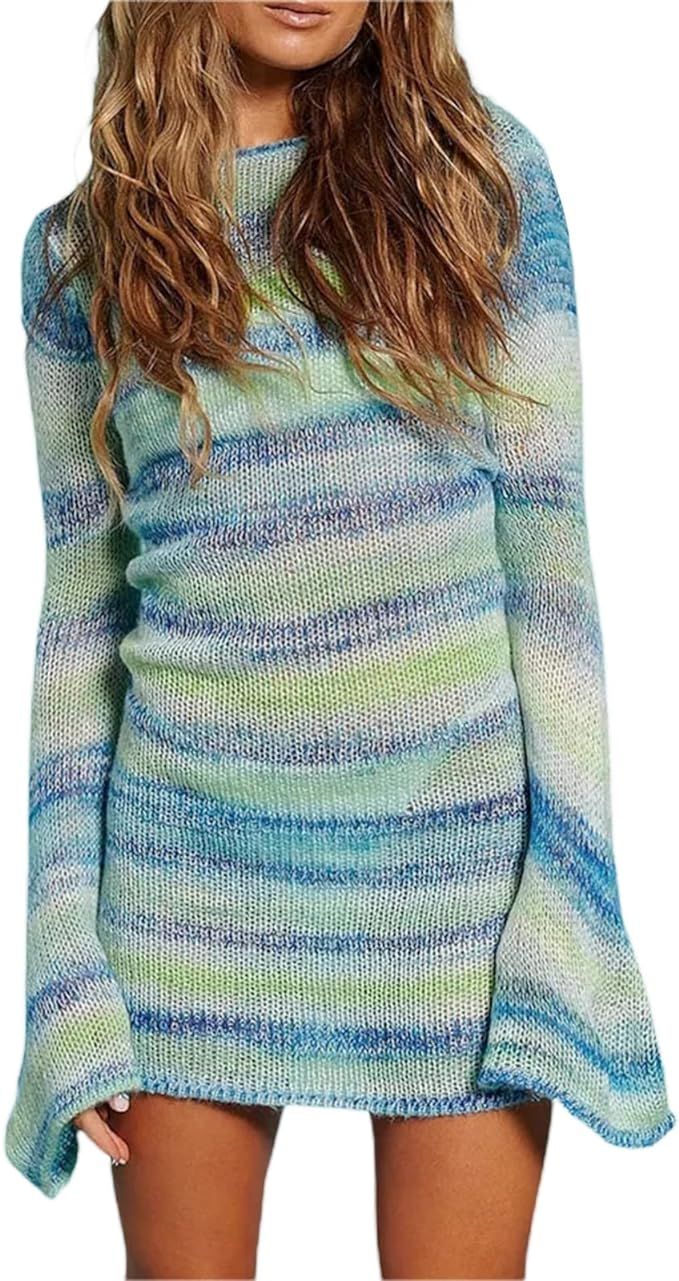 Aonoapll Women Crochet Knitted Mini Dress Long Sleeve Backless Hollow Beach Sundress Sexy Bodycon... | Amazon (US)