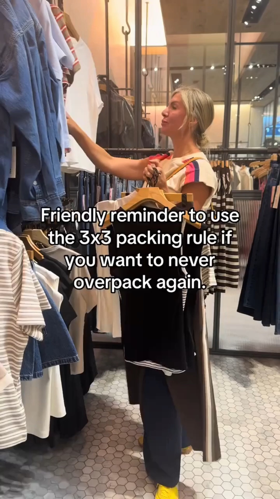 The 3x3 rule: 3 tops, 3 bottoms, 3 layers. 

Pick pieces in the same color story so everything mixes and matches. Wear your bulkiest items (jacket, boots) on the plane to save suitcase space. 

That’s 9 pieces that create 15+ outfit combinations. No overpacking. No suitcase regret. Just smart, versatile packing every time. 

This rule will change how you travel. 

💾 Save this for your next trip 
✨ Follow for more travel styling hacks