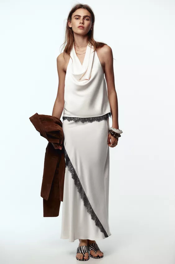 SATIN MIDI SKIRT WITH LACE | Zara UK