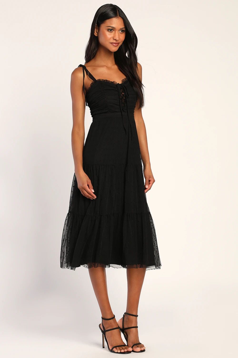 Always Sweet Black Swiss Dot Tie-Strap Lace-Up Tiered Midi Dress | Lulus (US)