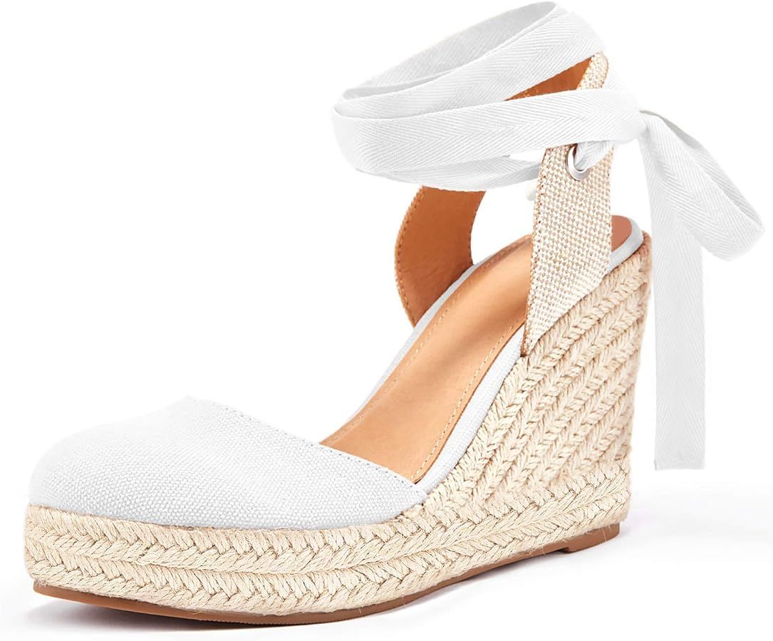 Ermonn Womens Espadrilles Wedge Sandals Platform Closed Toe Ankle Strap Lace Up Summer Shoes | Amazon (US)
