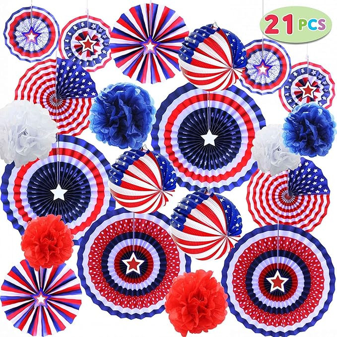 JOYIN 21 Pcs Patriotic Party Supplies 12 Paper Fan, 6 Flower Ball, 3 Flag Ball for 4th of July, I... | Amazon (US)