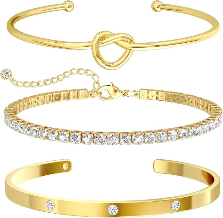 Gold Bangle Bracelets for Women, Non Tarnish Dainty 14K Gold Plated Cuff Bracelets Stackable for ... | Amazon (US)