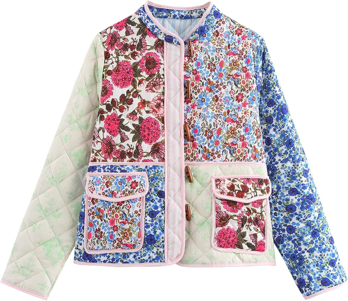 YKR Women's Cropped Quilted Jackets Floral Patchwork Puffer Padded Coat Open Front Lightweight Sh... | Amazon (US)