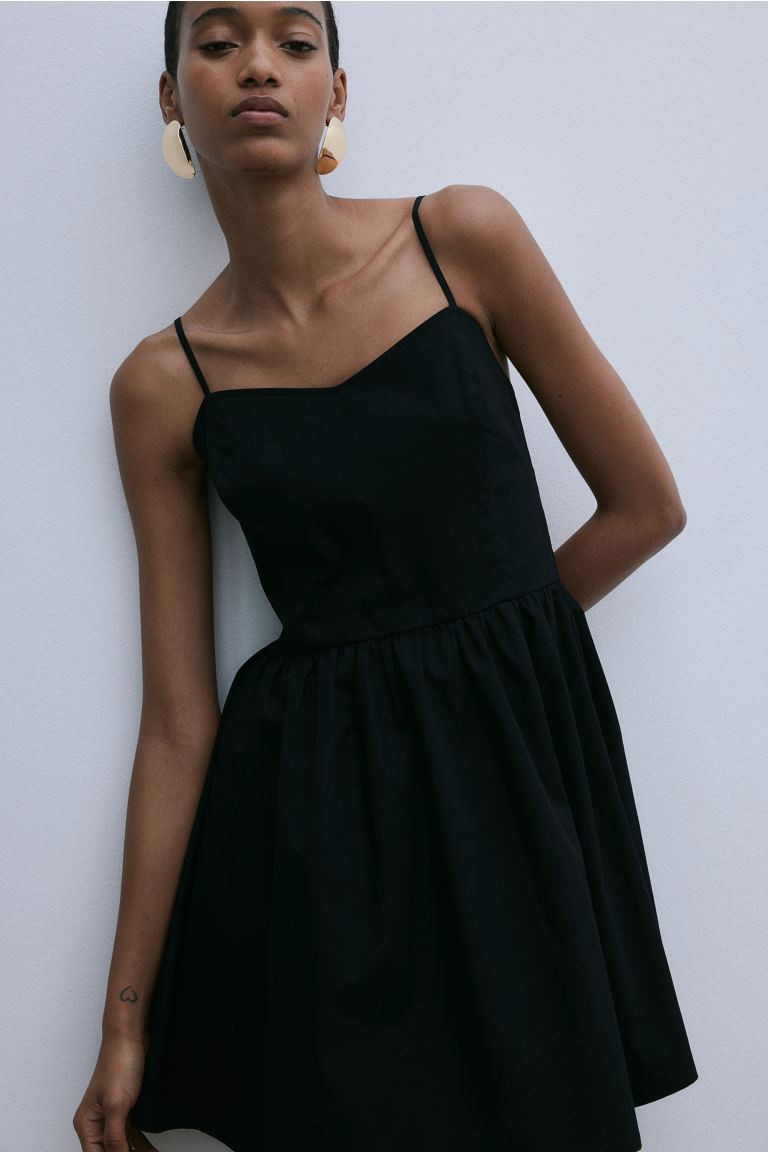 Cotton Dress with Flared Skirt - Sweetheart Neckline - Sleeveless - Black - Ladies | H&M US | H&M (US + CA)