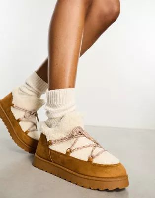 South Beach borg mini snow boots in cream and tan | ASOS (Global)