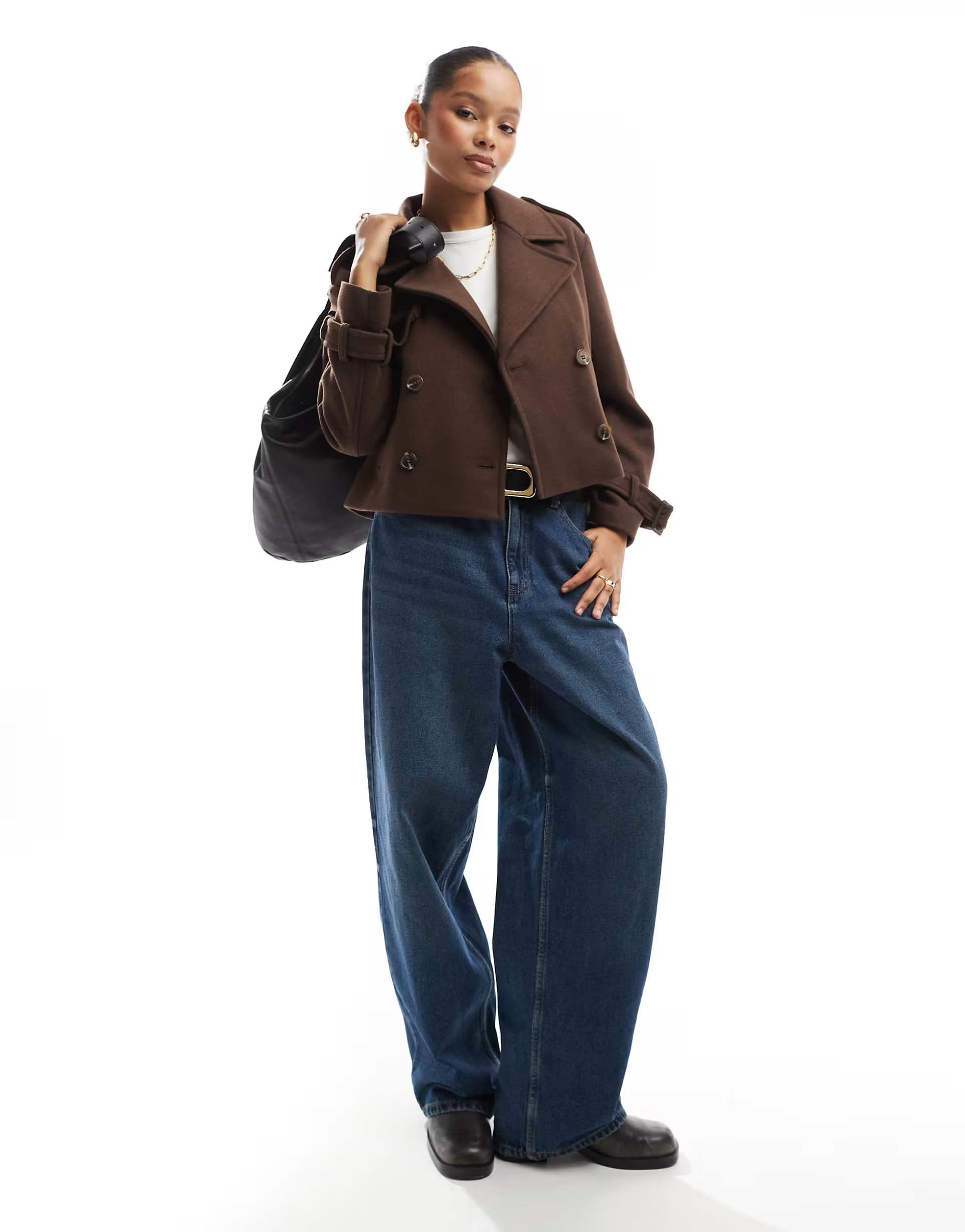 Bershka cropped wool trench coat in chocolate | ASOS (Global)