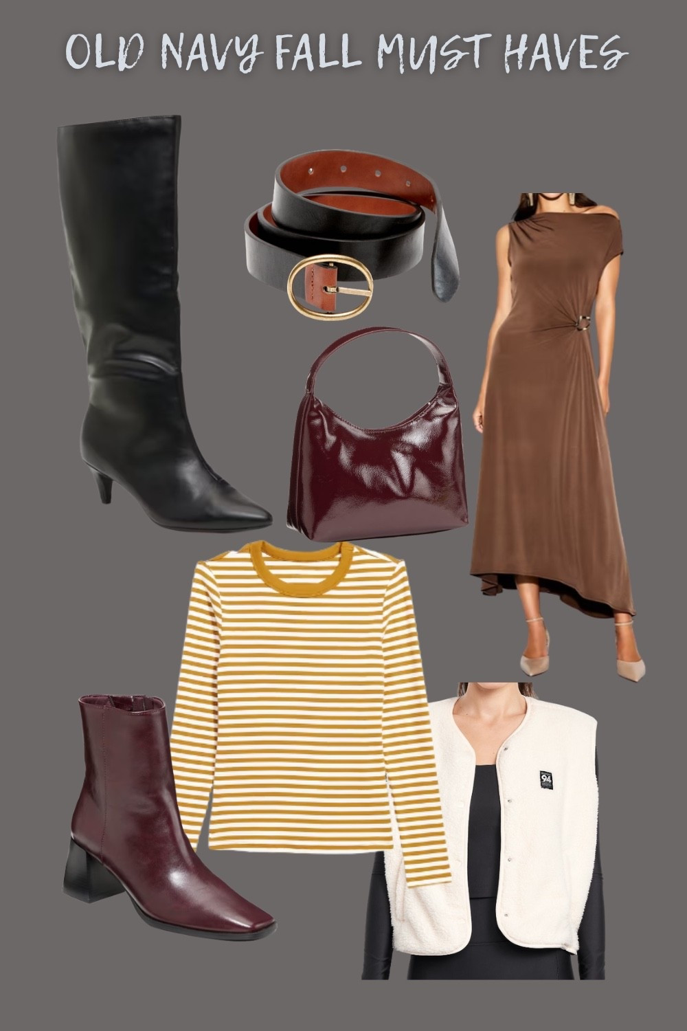 Fall fashion must haves, old navy fall style, fall style, autumn style, black kitten boots, Sherpa vest, maroon red boots, fall wedding guest dress 