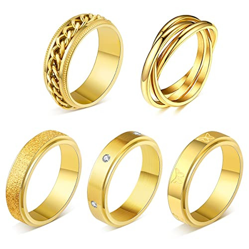 MOROYA 5PCS 18K Gold Plated Fidget Rings for Anxiety Stainless Steel Butterfly Chain CZ Inlaid Spinner Rings for Women Men Anti Anxiety Ring Band Set | Amazon (US)