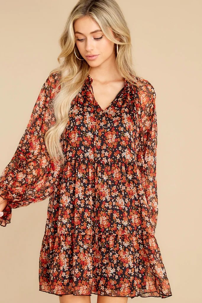 First Train Out Black And Rust Floral Print Dress | Red Dress 