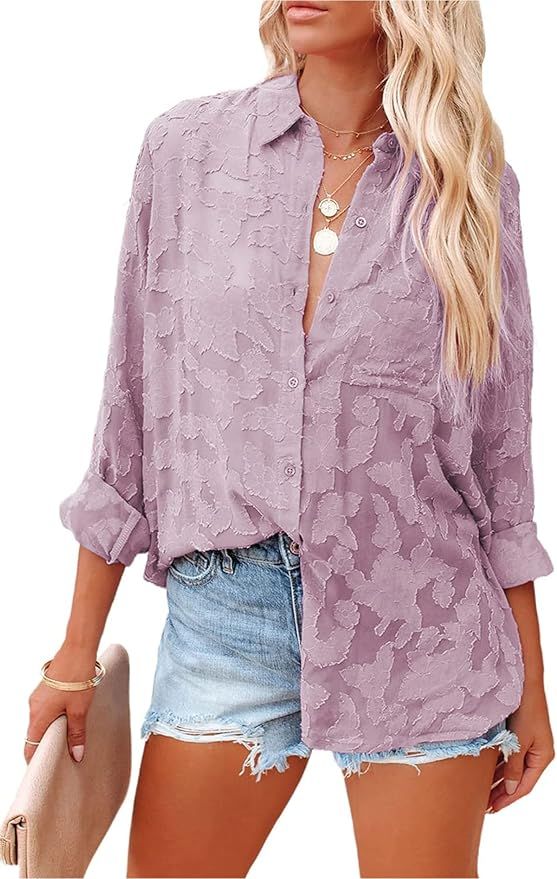 PRETTYGARDEN Women's Chiffon Blouse Solid Color Long Sleeve Button Down Elegant Jacquard Shirts T... | Amazon (US)