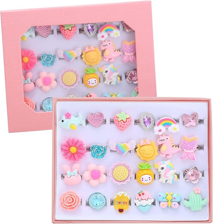 24pcs Little Girl Jewel Rings, Adjustable, No Duplication Kids Play Ring in Box,Pretend Play and ... | Amazon (US)