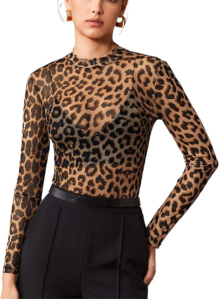 Verdusa Women's Cheetah Print Top Leopard Print Tops Mesh Y2k Mock Neck Long Sleeve Fitted T Shir... | Amazon (US)