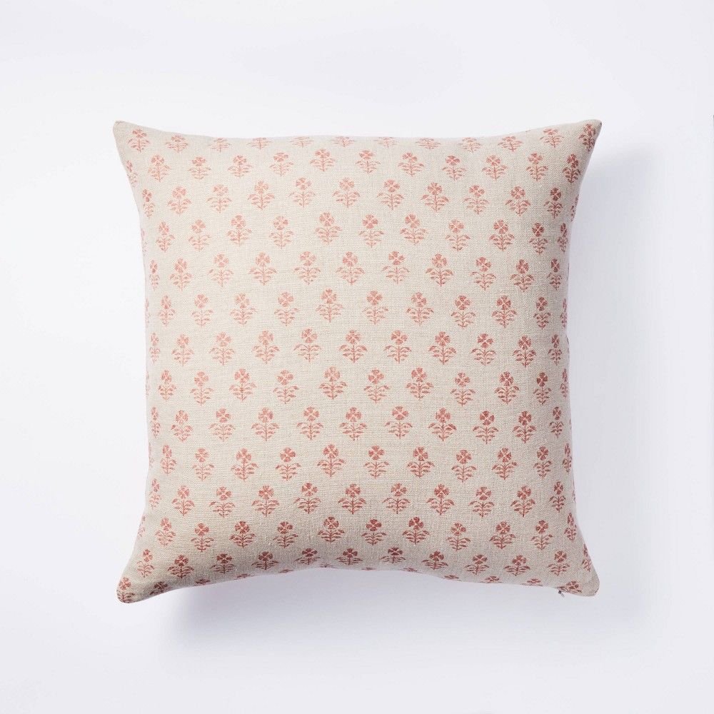 Square Floral Block Print Throw Pillow Neutral/Coral - Threshold designed with Studio McGee | Target