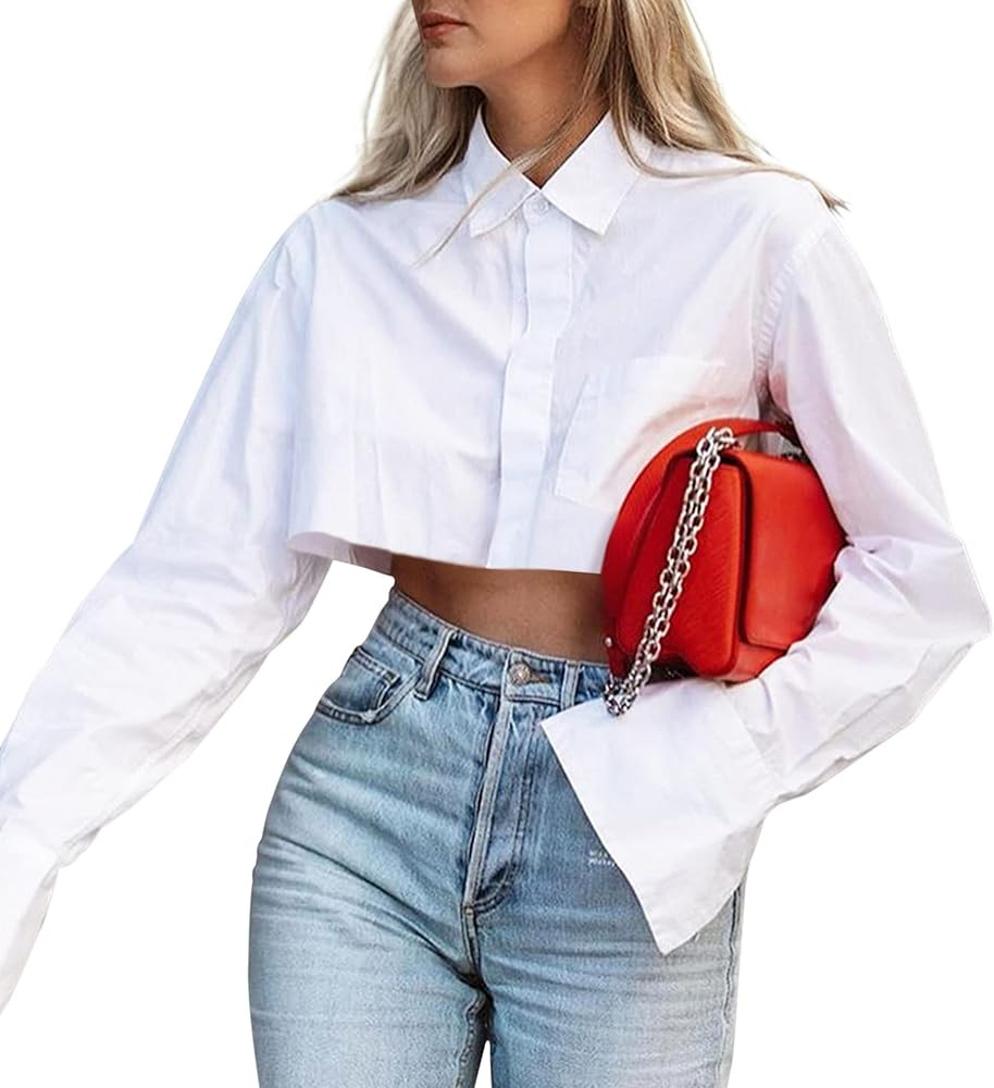 SAFRISIOR Women Solid Button Down Turn Down Collar Crop Shirt Long Sleeve Loose Aesthetic Irregular  | Amazon (US)