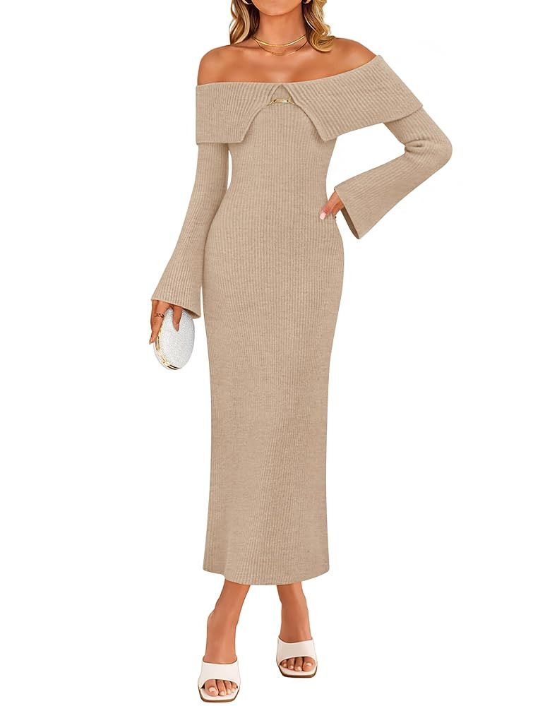 ZESICA Women's Fall Off Shoulder Sweater Dress 2025 Bell Long Sleeve Ribbed Knit Bodycon Formal M... | Amazon (US)