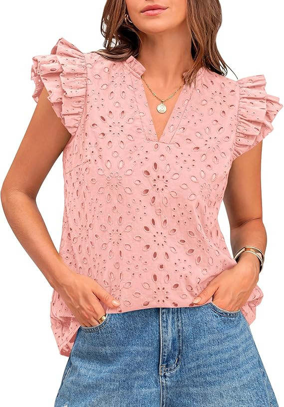 BTFBM Spring Summer Tops for Women 2026 Dressy Casual V Neck Ruffle Cap Sleeve Embroidered Eyelet... | Amazon (US)