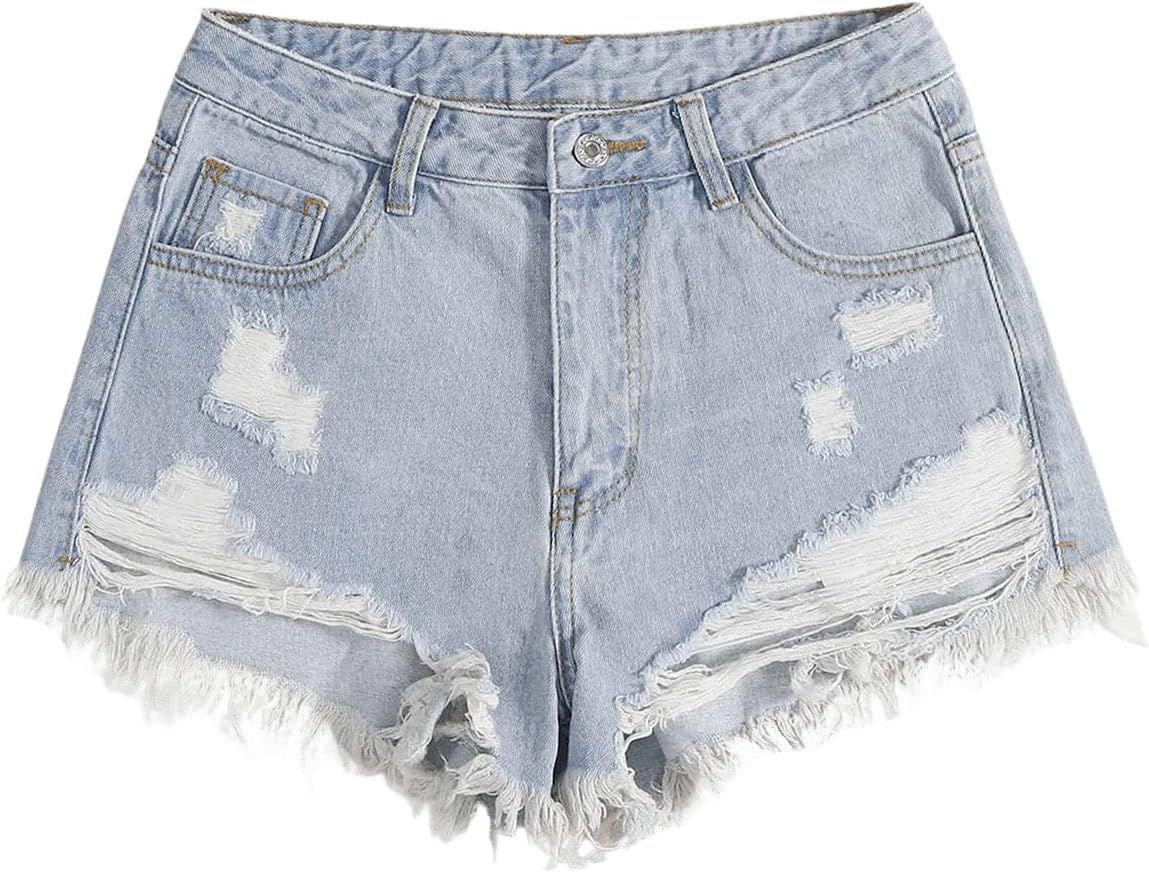 SweatyRocks Women's High Rise Zip Up Ripped Raw Hem Denim Jean Shorts with Pocket | Amazon (US)