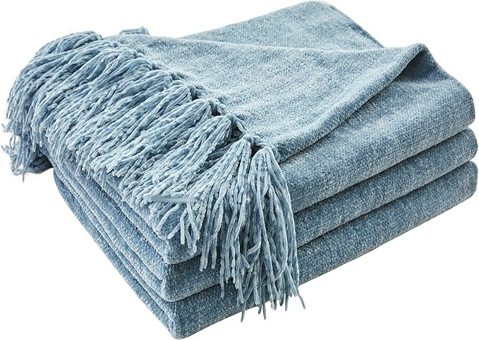 CozeCube Chenille Throw Blanket for Couch, Cozy Plush Fuzzy Decorative Dusty Blue Blanket with Fr... | Amazon (US)