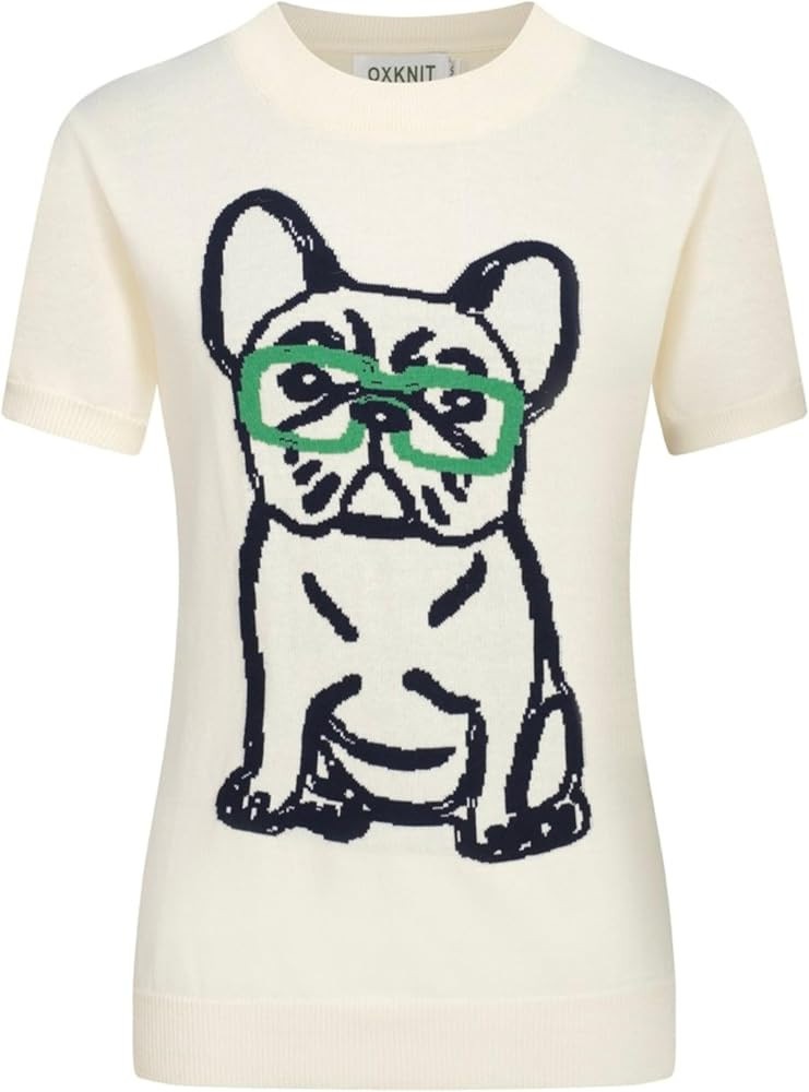 OXKNIT Women's Knitted T-Shirt Short Sleeve, 1960s Mod Style Hand-Drawn Dog Pattern Crewneck Tops... | Amazon (US)