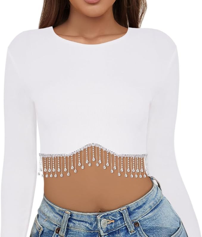 Novia's Choice Women's Rhinestone Fringe Crop Top Long Sleeve Tee Shirt Rave Outfits | Amazon (US)