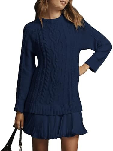 Shiyifa Womens Cable Knit Sweater Dress Crewneck Patchwork Pleated Dresses Twofer Style Long Slee... | Amazon (US)