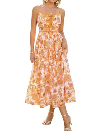 GRACE KARIN 2026 Women's Summer Maxi Floral Dress, Spaghetti Strap Tie Front Boho Sundress with Pockets, WhiteOrange Floral M | Amazon (US)