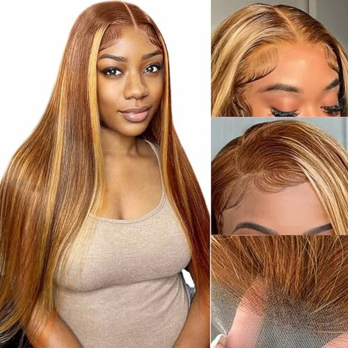 Fiumer Highlight Ombre Lace Front Wig Human Hair 13x4 HD Straight Lace Front Wigs 180% Density 4/27 Colored Honey Blonde HD Lace Frontal Wigs For Women Glueless Pre Plucked with Baby Hair 30inch | Amazon (US)