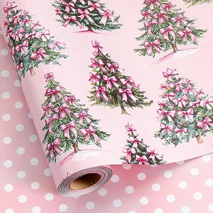 MAYPLUSS Pink Christmas Wrapping Paper Roll, Girly Wrapping Paper, Elegant Christmas Tree With Pi... | Amazon (US)