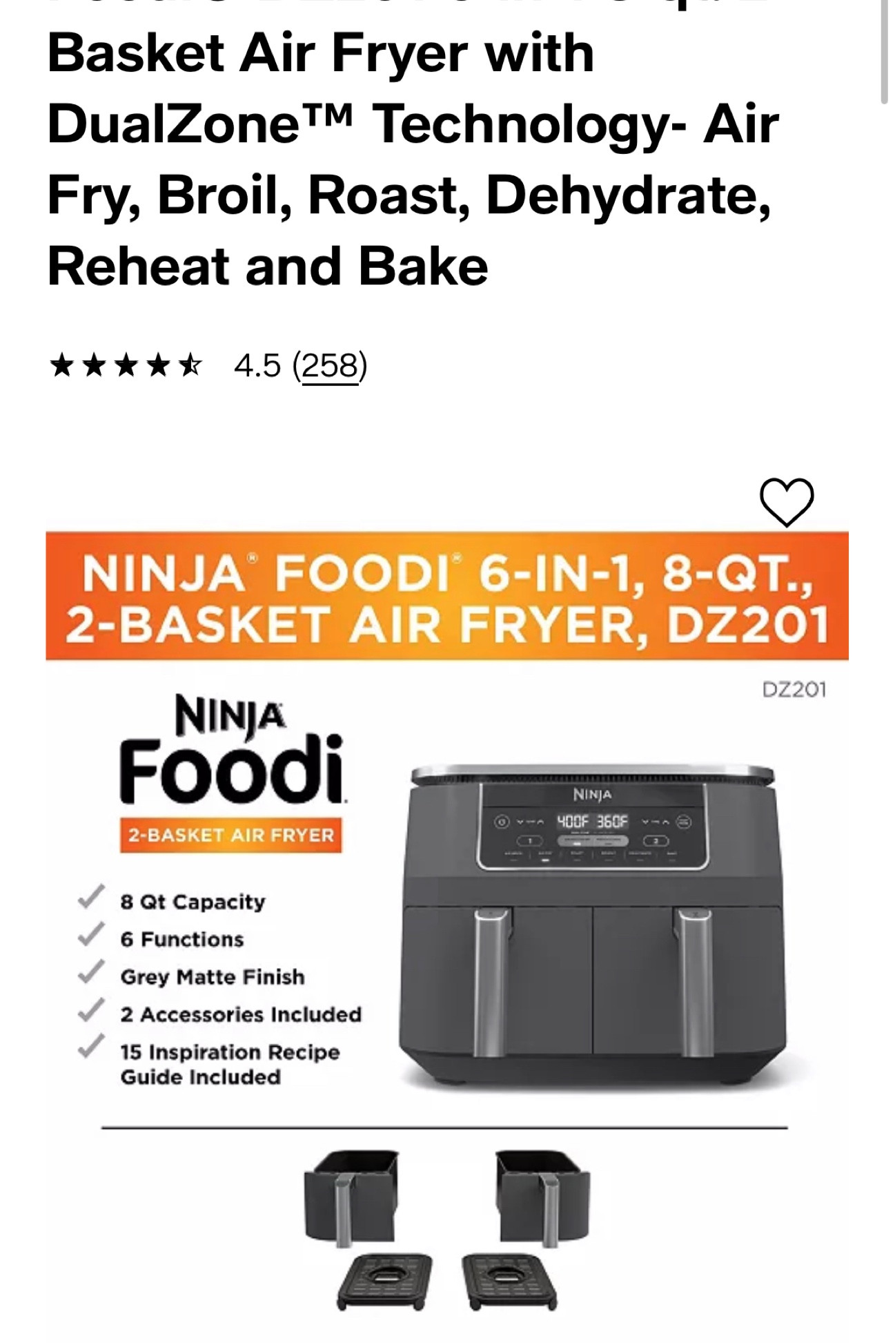 Ninja Dz201 Foodi 6-in-1 2-Basket Air Fryer with DualZone Technology, 8-Quart