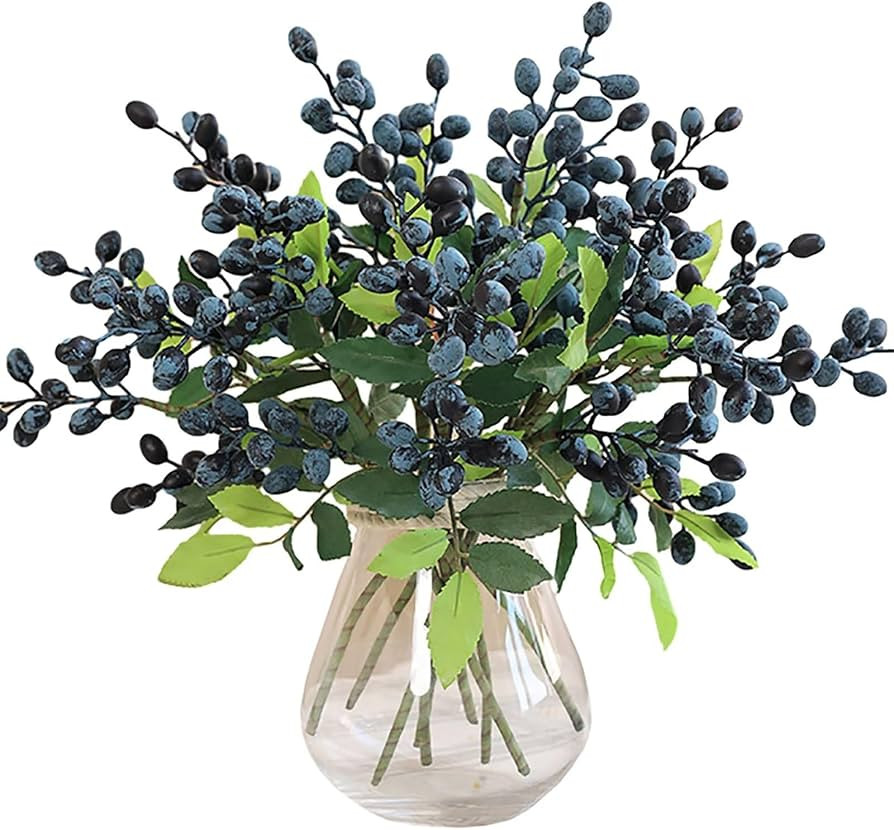 Emivery Artificial Blue Berry Stems, 6 Pcs Fake Blueberries Picks Lifelike Faux Berry with Green ... | Amazon (US)