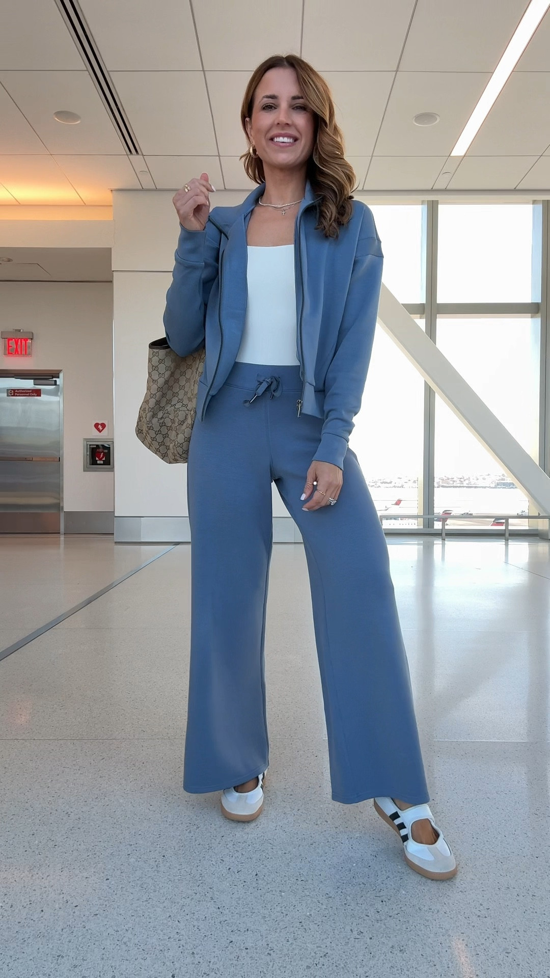 My travel must haves! My travel essentials. Spanx air essentials matching sets. I do XS petite in the pants and XS in tops/jackets! Adidas samba Jane run a little bit big but I did not size down because you can tighten strap. My travel outfit of the day. Airport outfit. Gucci Mercato tote in size large.

#LTKootd #LTKTravel #LTKPetite