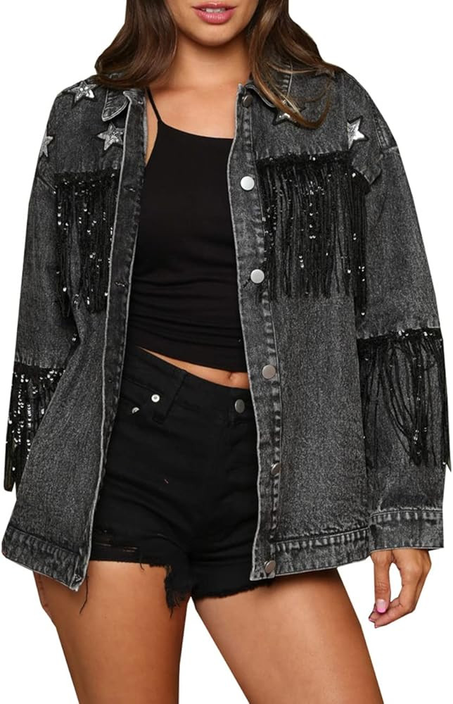 LifeShe Women Oversized Denim Jacket Casual Tassel Fringe Jean Jacket Boyfriend Jean Coats | Amazon (US)