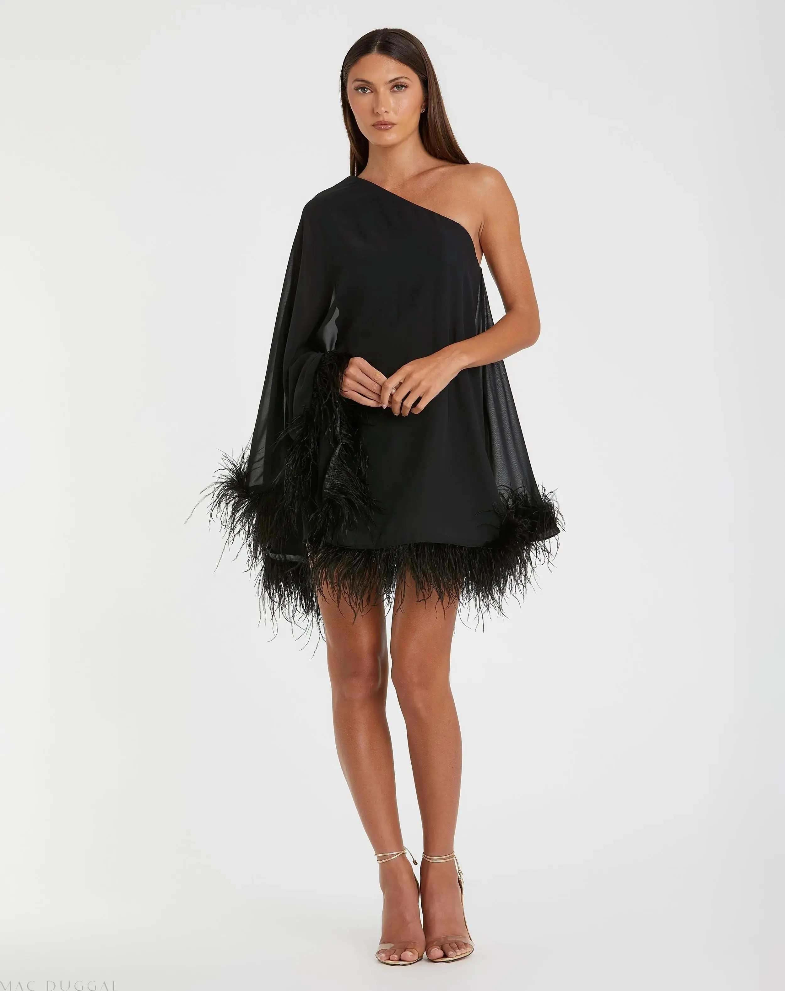 Mac Duggal - Black One Shoulder Trapeze Dress with Feather Trim - US 0 | Mac Duggal