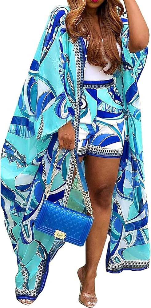 QegarTop Kimono Shorts Set for Women Two Piece Summer Vacation Outfits Flowy Beach Cover up Duste... | Amazon (US)