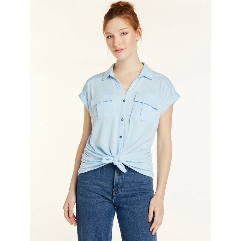 No Boundaries Juniors’ Tie Front Cargo Shirt with Short Sleeves, Sizes XS-XXXL | Walmart (US)
