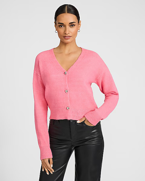 V-Neck Heart Button Cardigan | Express