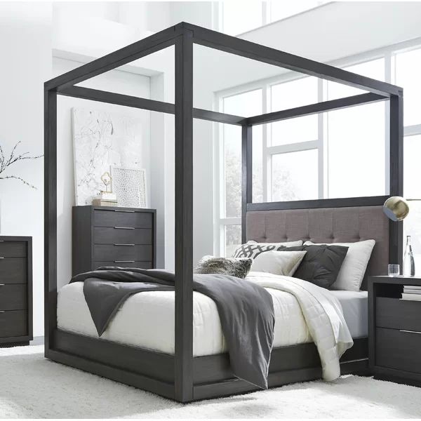 Tufted Solid Wood and Upholstered Low Profile Canopy Bed | Wayfair North America
