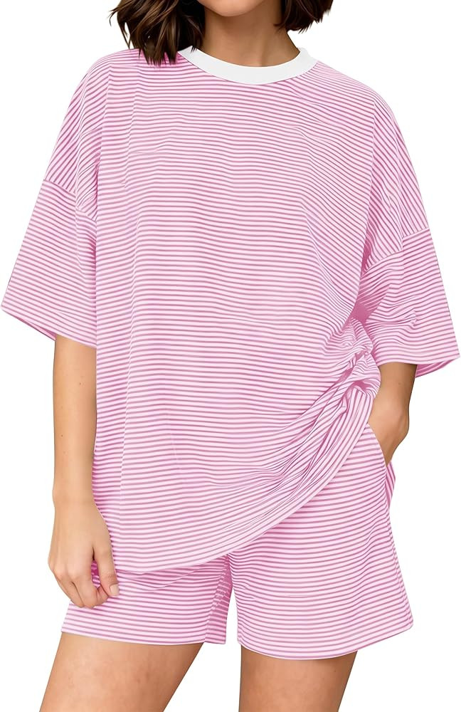Women Striped Lounge Set Short Sleeve Pajama Sets Oversized T Shirts High Waist Shorts 2 Piece Ma... | Amazon (US)
