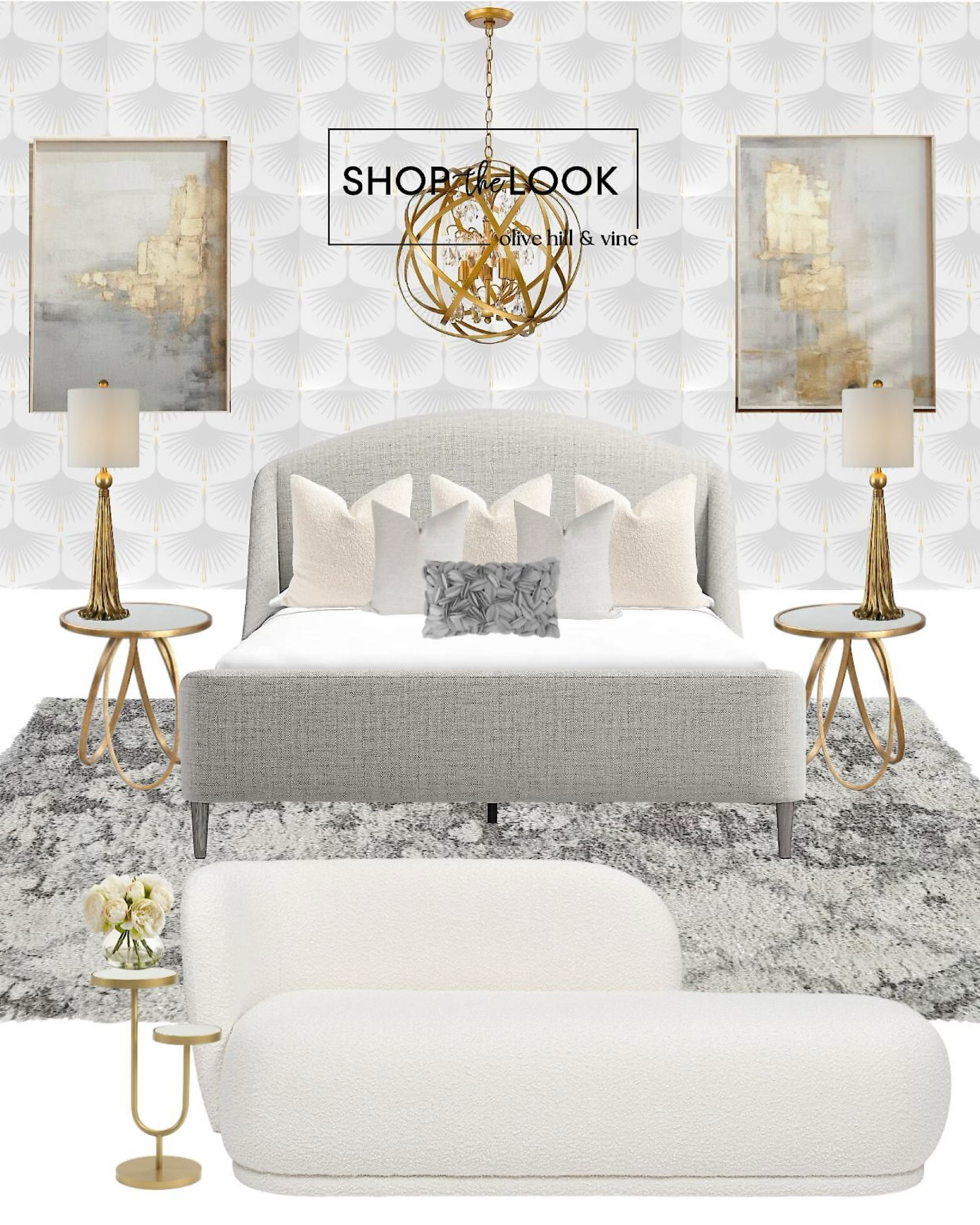 Elevate your bedroom oasis with our curated design featuring a chic white, gray, and gold palette. Luxe accents like gold tassel lamps, mirrored nightstands, and an upholstered bed exude elegance. Art Deco wallpaper, minimalist art, and a gold globe chandelier add timeless allure. Transform your space into a haven of style and sophistication. 

#LTKHome #LTKFamily #LTKStyleTip