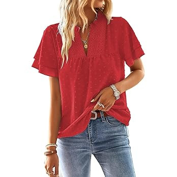 Womens Tops Butterfly Sleeve V Neck Blouses for Women Dressy Casual Flowy Swiss Dot Ruffle Short ... | Amazon (US)