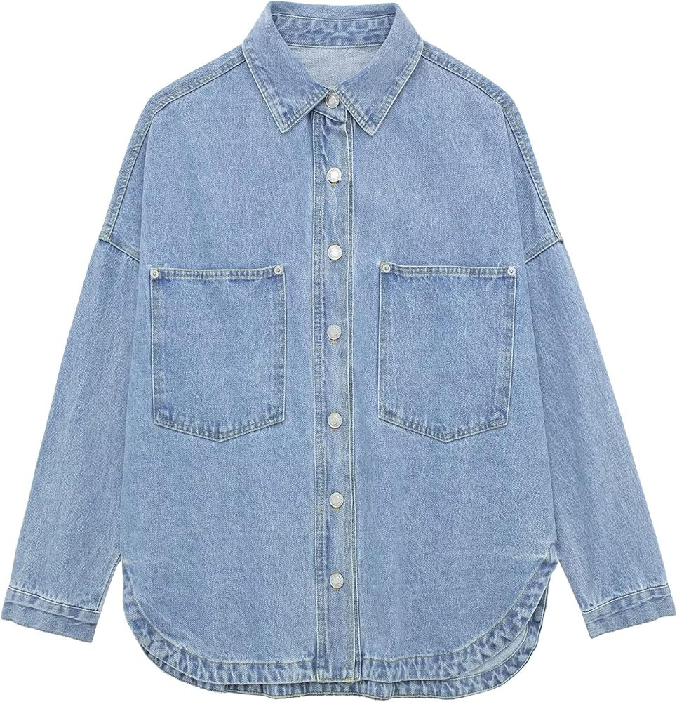 Yvipette Women's Distressed Button Down Denim Jackets Relaxed Mid-Long Lapel Jean Tops Shirts | Amazon (US)