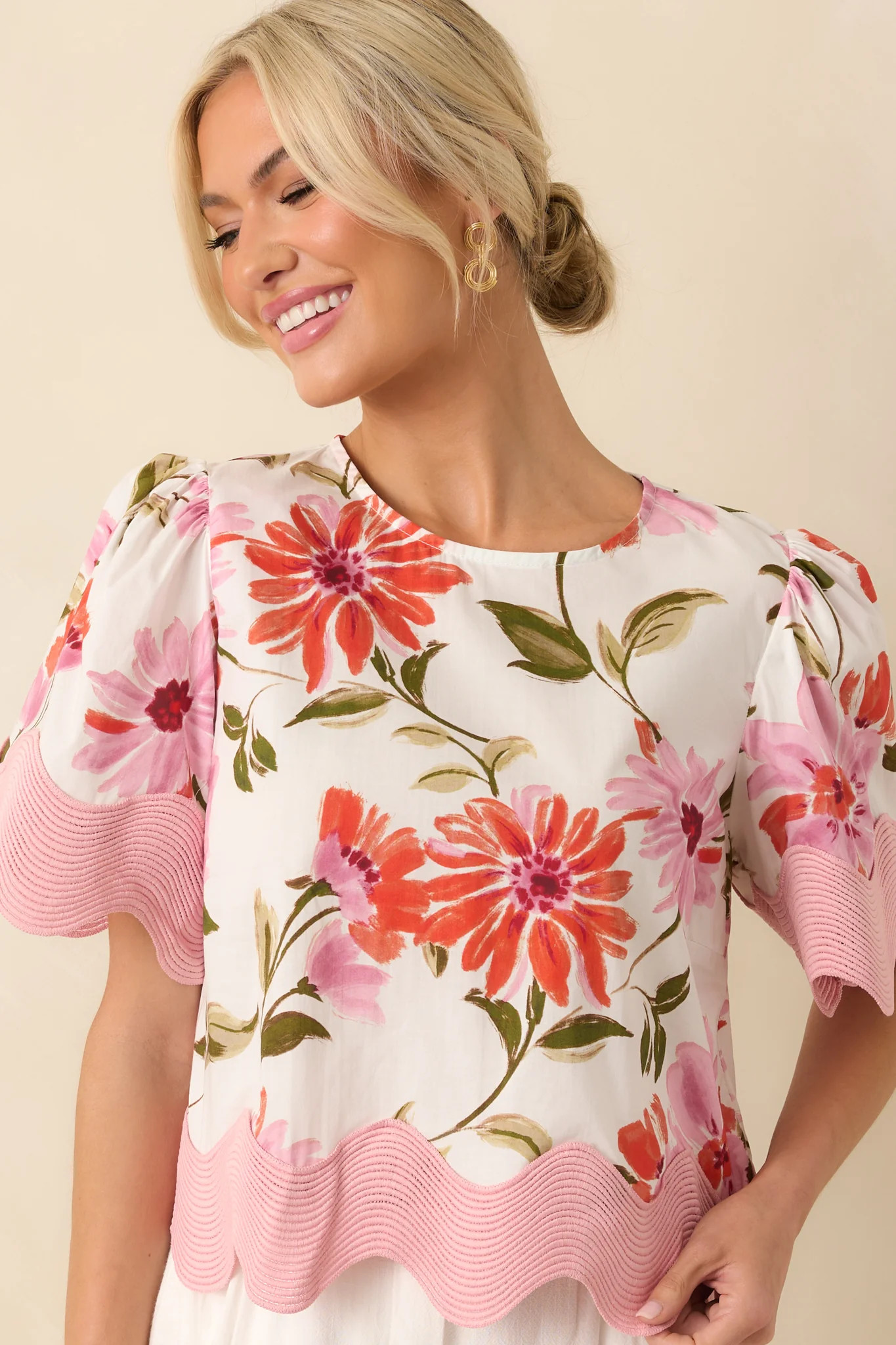 Without Even Trying To Pink Floral Print Cotton Scallop Hem Top | Red Dress