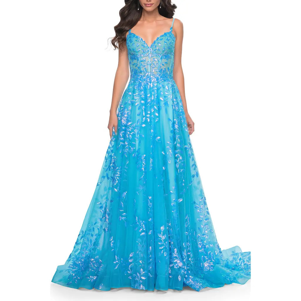 La Femme Sequin Lace Print Tulle A-Line Prom Dress with Illusion Bodice in Blue at Nordstrom, Size 2 | Nordstrom