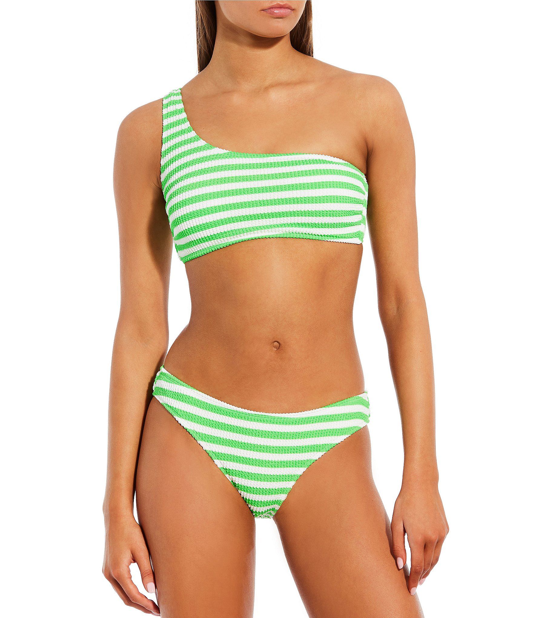 GB Stripe Scrunchie Textured One Shoulder Swim Top & Classic Hipster Swim Bottom | Dillard's | Dillard's