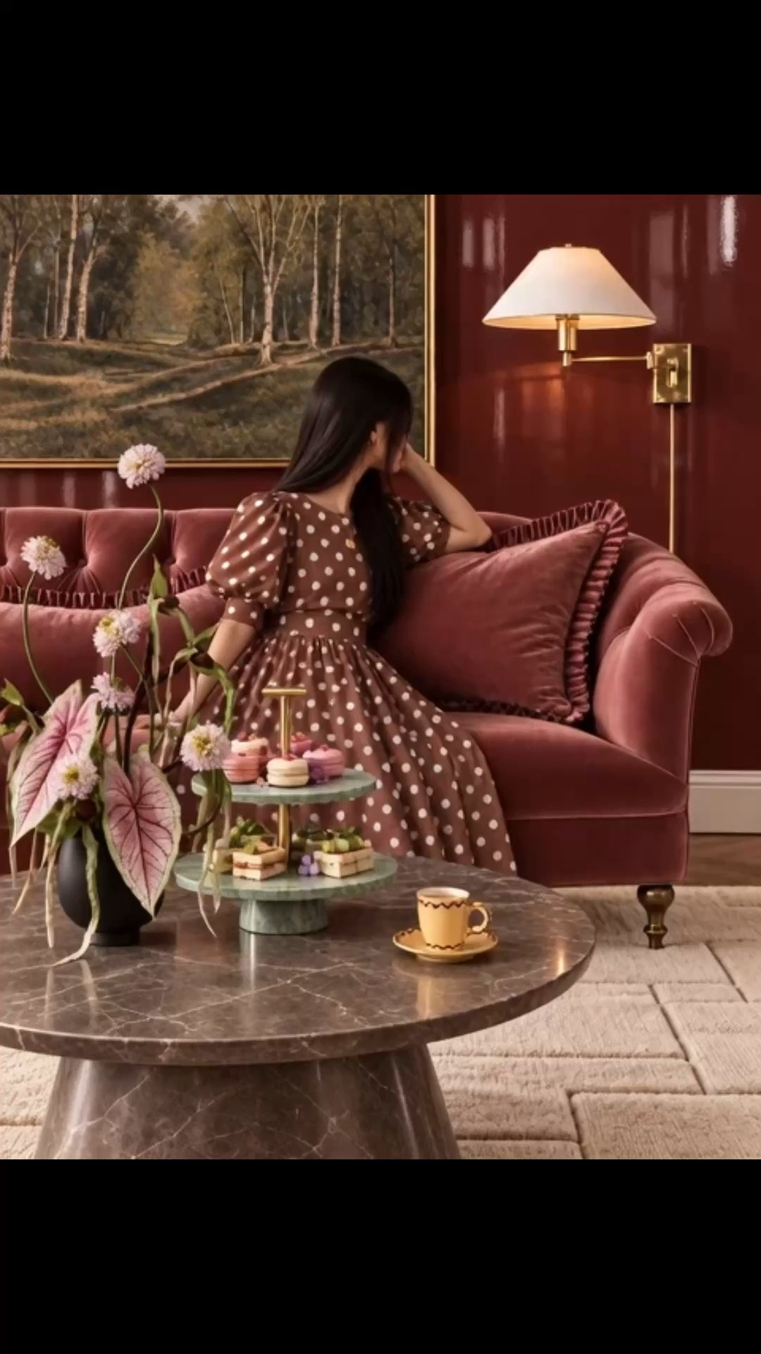 A midday coffee break in a room that feels warm, chic, and collected. I love the way the Cortland sofa brings a modern-classic feeling to the space—the curved silhouette feels elegant and sculptural, while the tufted back and rich rosy tone give it so much depth and softness.

The deep glossy red wall adds another layer of warmth and drama, balanced with a more modern mix of textures and shapes. I paired the sofa with a modern abstract hand-knotted rug, a sculptural marble coffee table, tailored ruffle-edge pillows, a brass wall sconce, landscape art, and an organic flower arrangement to keep the room polished without feeling overly formal.

The green marble cake stand, espresso cup and saucer, and afternoon treats turn the coffee table into its own styled moment. I also love the brown-and-cream polka dot top paired with the matching polka dot skirt—the soft pattern and feminine silhouette work naturally with the warm palette of the room.

#LivingRoomDesign #LivingRoomInspiration #CurvedSofa #TuftedSofa #ModernClassic #CoffeeTable #MarbleCoffeeTable #HandKnottedRug #AreaRug #WallSconce #WallLighting #WallArt #ThrowPillows #FlowerArrangement #CakeStand #EspressoCup #CoffeeBreak #PolkaDotTop #PolkaDotSkirt #HomeDecor #InteriorDesign #LTKHome

#LTKSeasonal #LTKHome #LTKSaleAlert