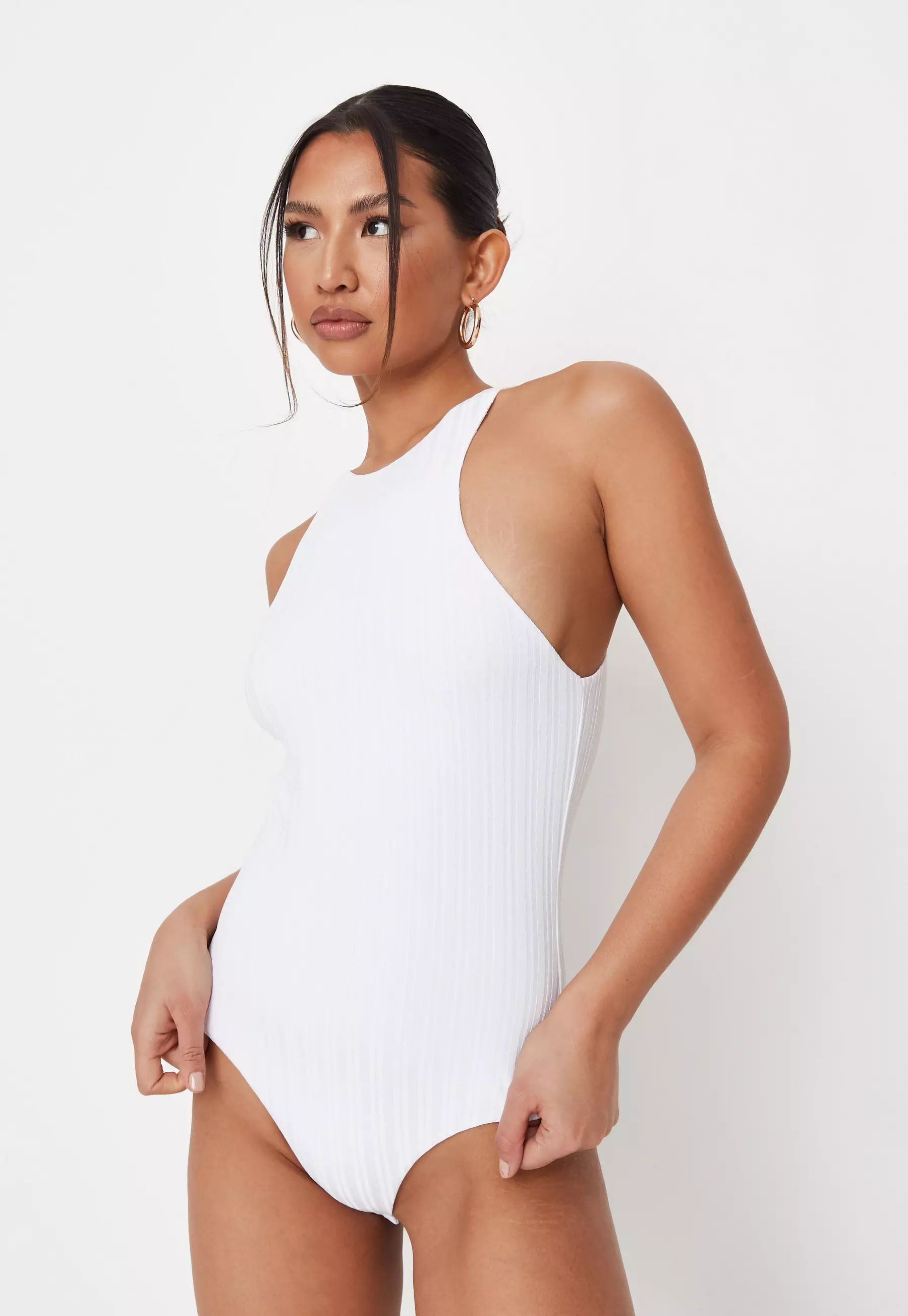 White Rib Slinky Racer Neck Bodysuit | Missguided (US & CA)