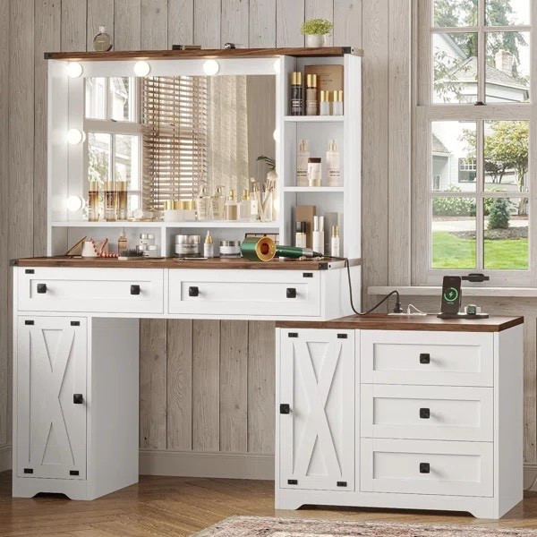 Put on your best holiday looks with a new and beautiful makeup vanity! The 56.5" Makeup Vanity Desk with Hollywood Makeup Mirror, Farmhouse White Vanity with Charging Stations is ON SALE and is under $250.

Keywords: Bedroom, vanity, makeup vanity, gifts for her

#LTKHome #LTKSeasonal #LTKHoliday