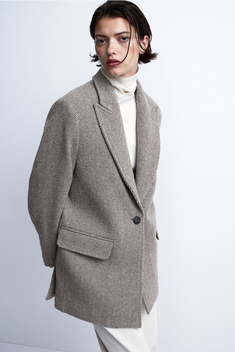 Wool-blend blazer - Greige/Striped - Ladies | H&M GB | H&M (UK, MY, IN, SG, PH, TW, HK)